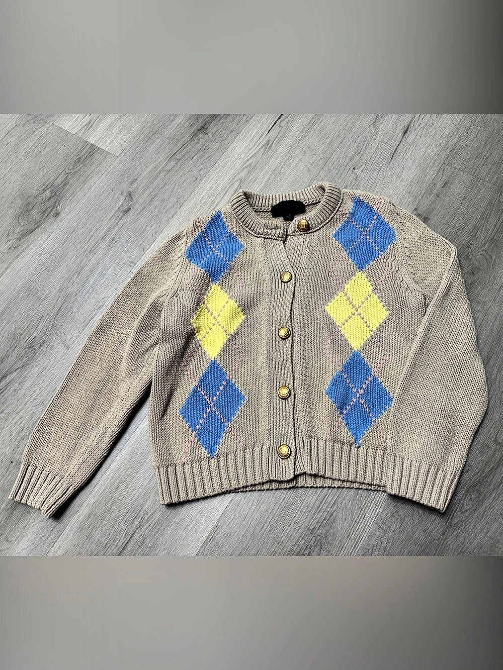 Zara Beige Argyle Knit Cardigan with Gold Buttons Size Small